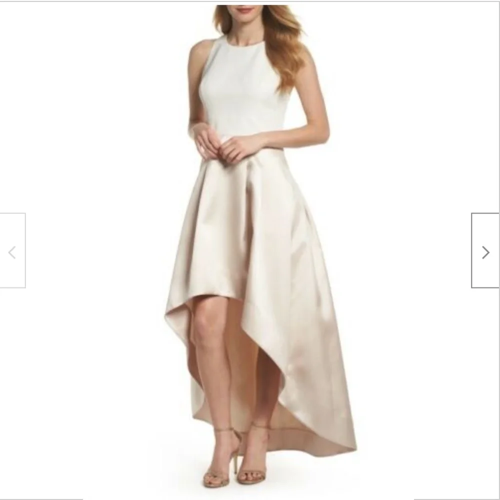 NEW ELIZA J Asymmetrical CHAMPAGNE Two Tone CREPE & MIKADO High Low DRESS GOWN 4 - Picture 7 of 13